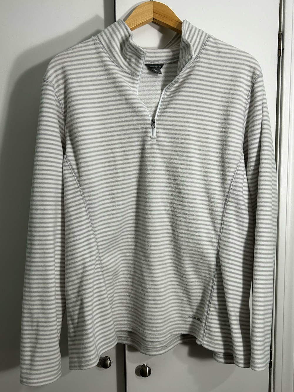 Eddie Bauer Quarter-Zip Striped Fleece Pullover - Light Gray & White